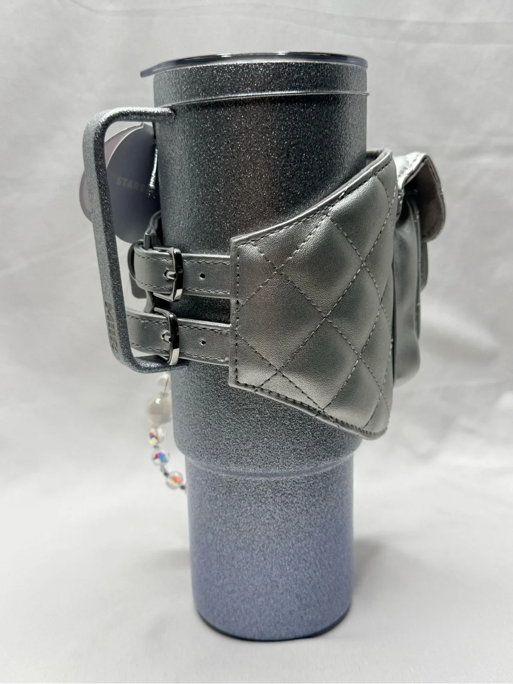 Starbucks Silver Glitter Tumbler with Quilted Pouch & Beaded Charm 16 oz New NWT